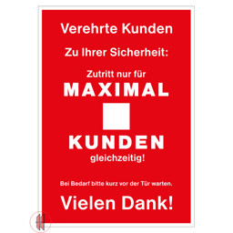 Zeige Details für Plakat Zutritt Maximal...Kunden gleichzeitig A1 Bild von Plakat Zutritt Maximal...Kunden gleichzeitig A1